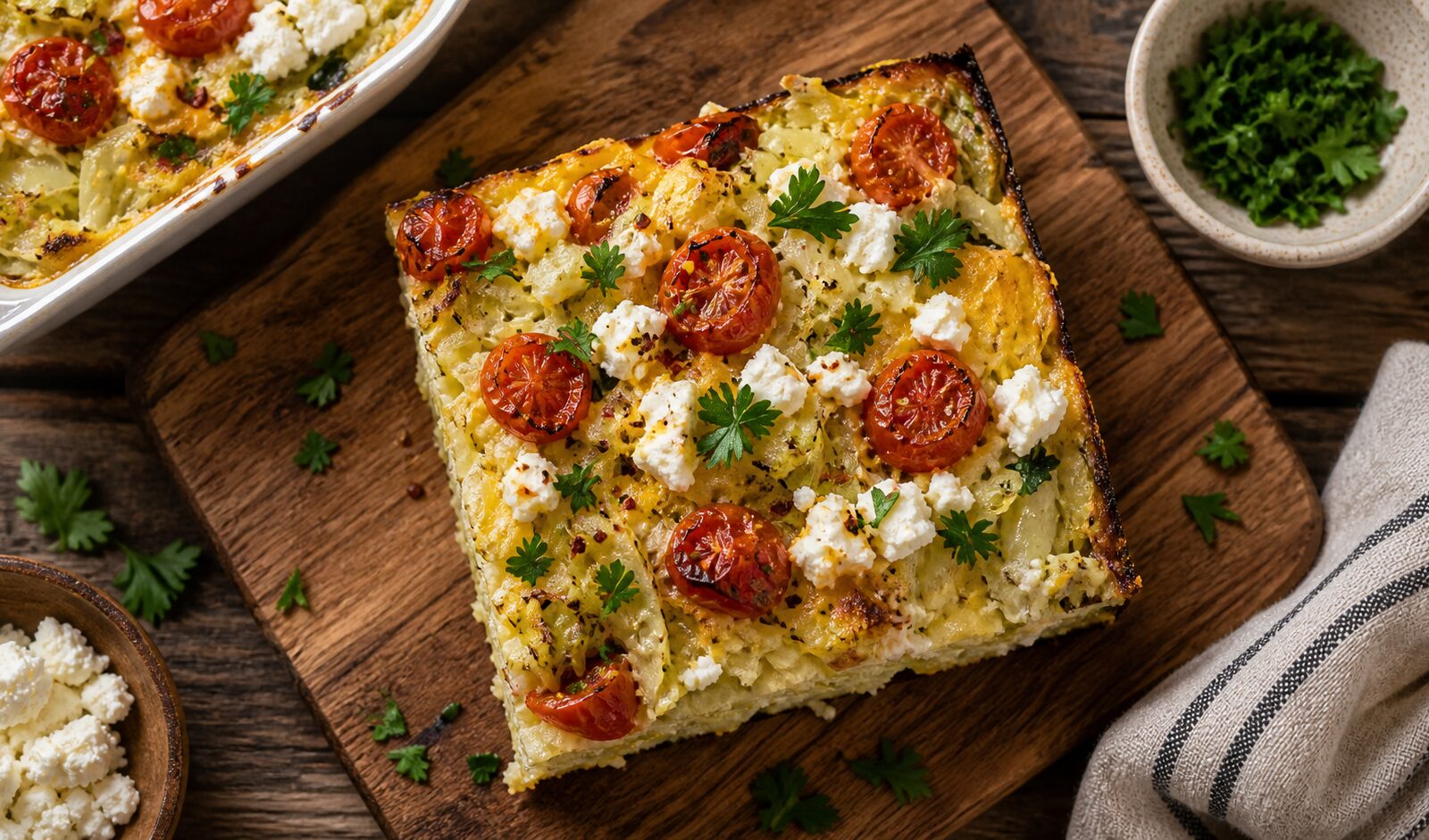 A slice of roasted tomato cabbage feta egg bake on a white plate, showing layers of roasted cabbage, blistered tomatoes, and melted feta cheese