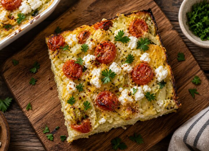 A slice of roasted tomato cabbage feta egg bake on a white plate, showing layers of roasted cabbage, blistered tomatoes, and melted feta cheese