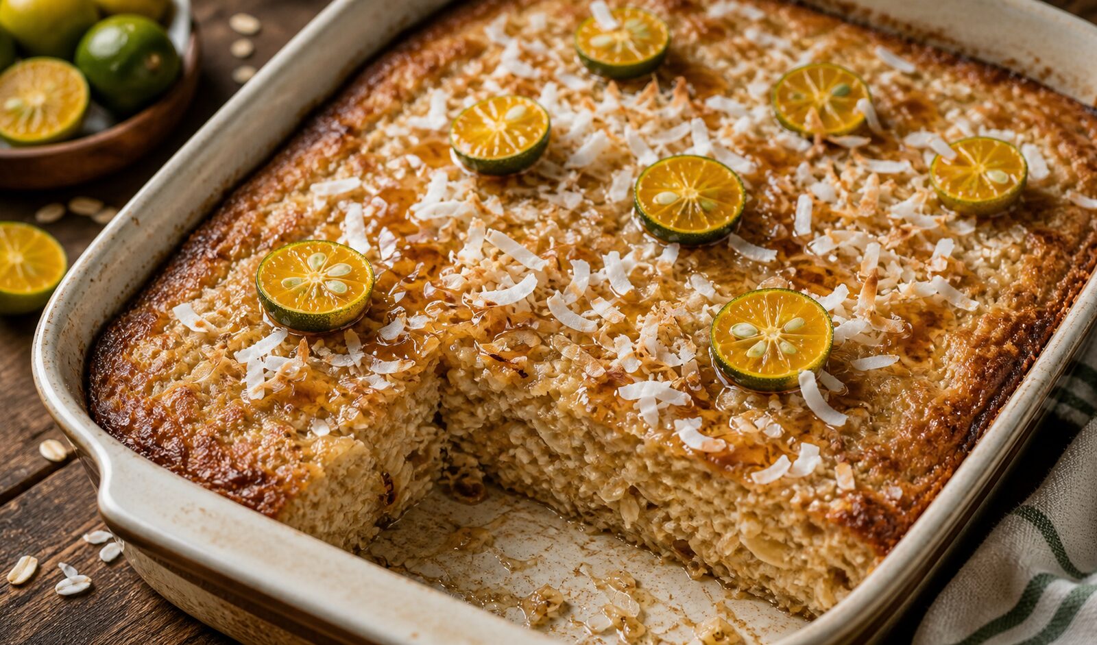Calamansi Coconut Oat Pancake Bake in a baking dish with toasted coconut sprinkle and a drizzle of syrup