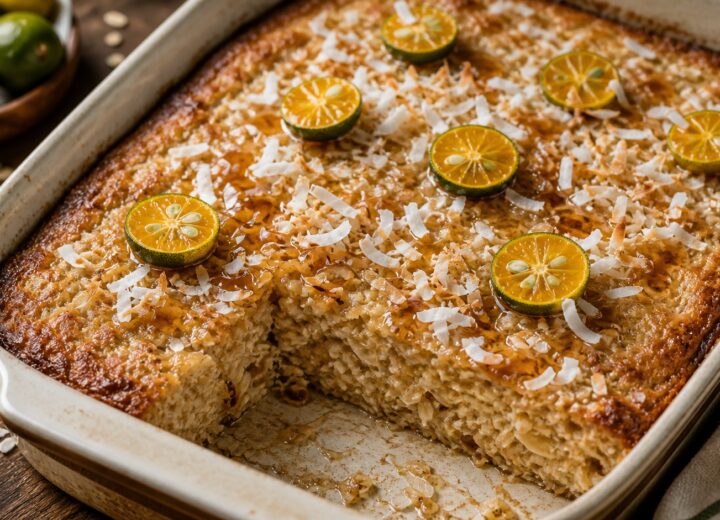 Calamansi Coconut Oat Pancake Bake in a baking dish with toasted coconut sprinkle and a drizzle of syrup