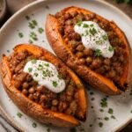 Two roasted sweet potatoes topped with lentil sloppy joe filling and a sprinkle of parsley on a wooden board