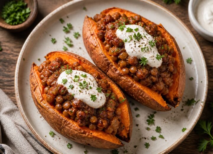 Two roasted sweet potatoes topped with lentil sloppy joe filling and a sprinkle of parsley on a wooden board