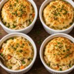 Air Fryer Garlic Herb Chicken Biscuit Bowls in ramekins, golden biscuits with creamy chicken filling, garnished with fresh parsley