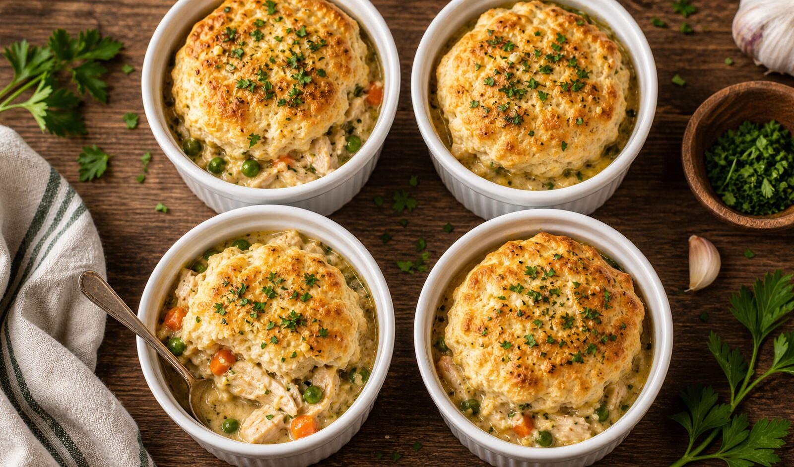 Air Fryer Garlic Herb Chicken Biscuit Bowls in ramekins, golden biscuits with creamy chicken filling, garnished with fresh parsley
