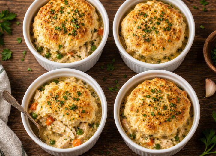 Air Fryer Garlic Herb Chicken Biscuit Bowls in ramekins, golden biscuits with creamy chicken filling, garnished with fresh parsley