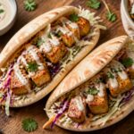 Crispy tofu caesar cabbage pitas on a wooden board, showing golden tofu and crunchy slaw inside a warm pita pocket