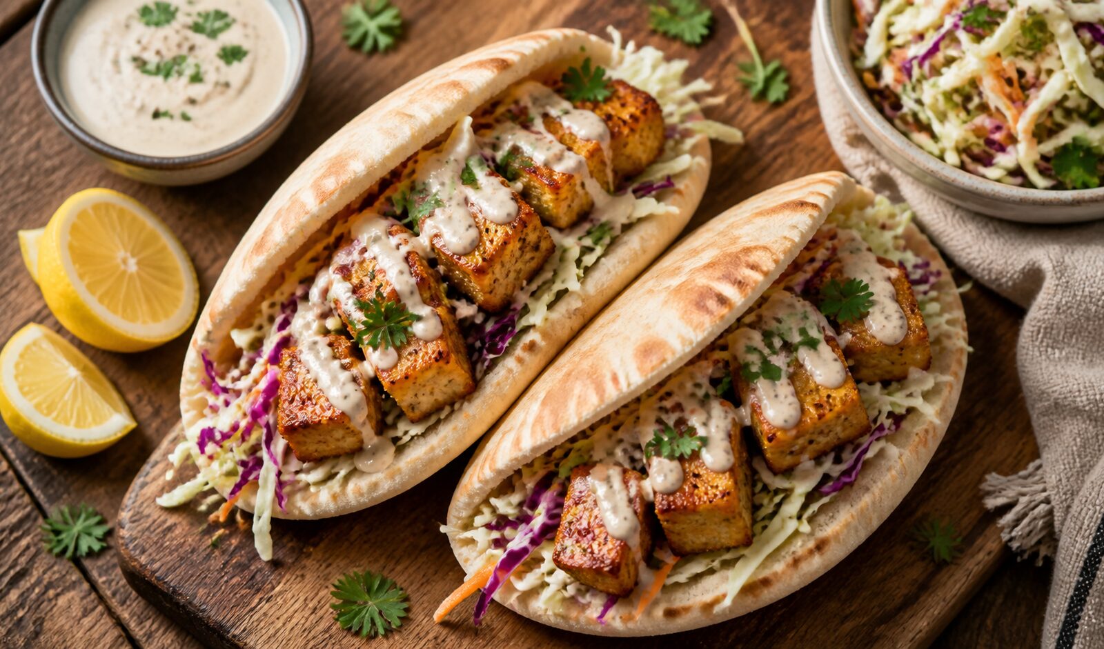 Crispy tofu caesar cabbage pitas on a wooden board, showing golden tofu and crunchy slaw inside a warm pita pocket