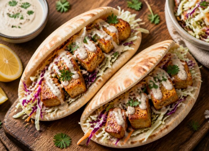 Crispy tofu caesar cabbage pitas on a wooden board, showing golden tofu and crunchy slaw inside a warm pita pocket
