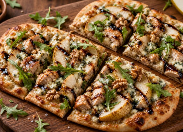 Roasted pear blue cheese chicken flatbread on a baking sheet, sliced and drizzled with balsamic honey, with arugula garnish