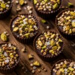 Pistachio dark chocolate quinoa crunch cups arranged on a wooden board, showing the textured top with pistachios and sea salt