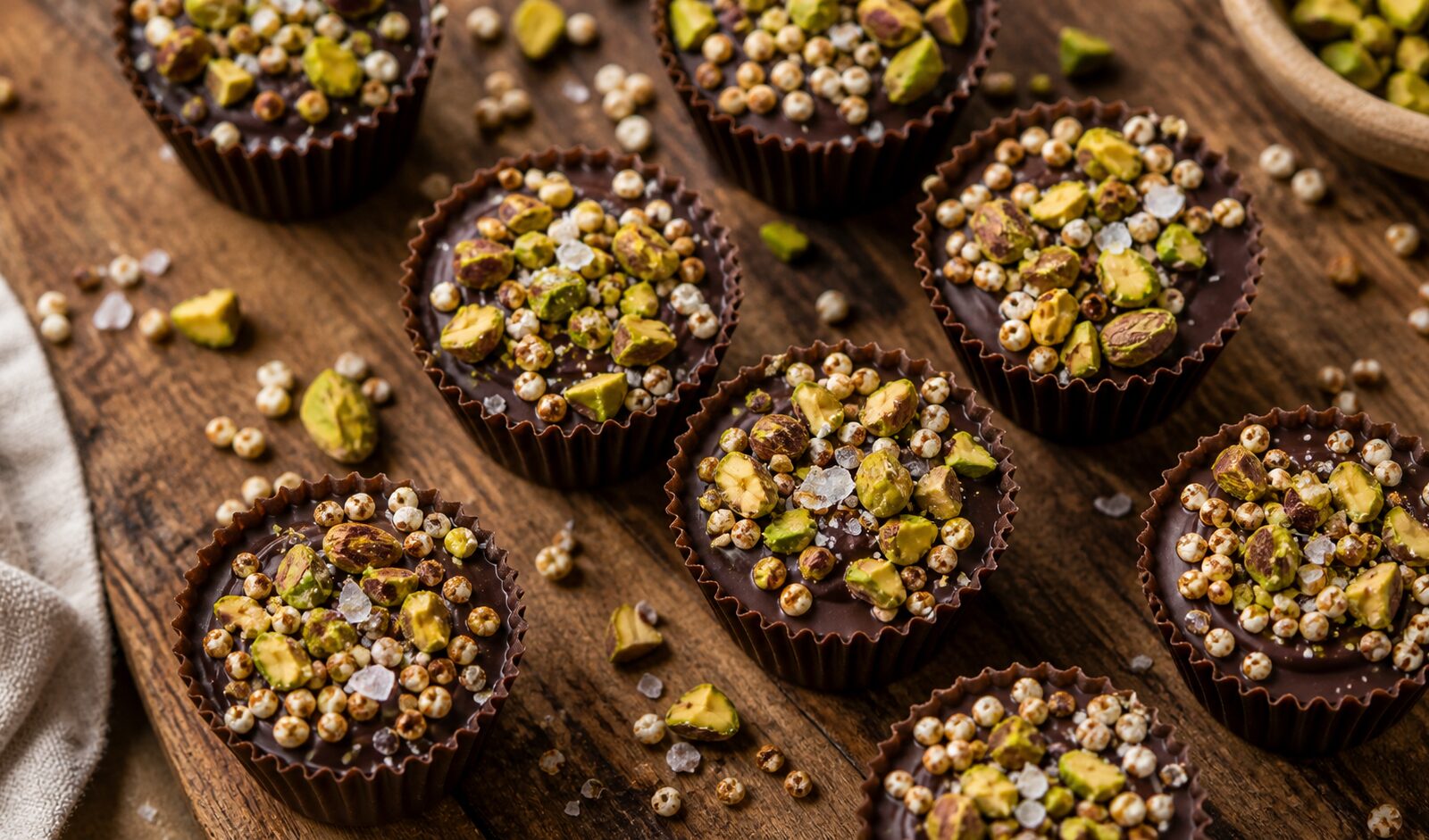 Pistachio dark chocolate quinoa crunch cups arranged on a wooden board, showing the textured top with pistachios and sea salt