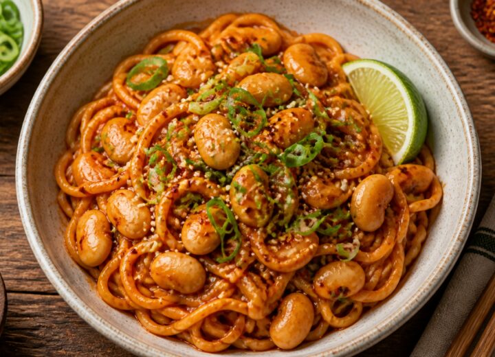 A bowl of gochujang butter bean noodles with green onions and sesame seeds on top