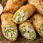 Crispy rice paper turkey Caesar roll ups arranged on a plate with dipping sauce, showing golden brown exterior and creamy filling