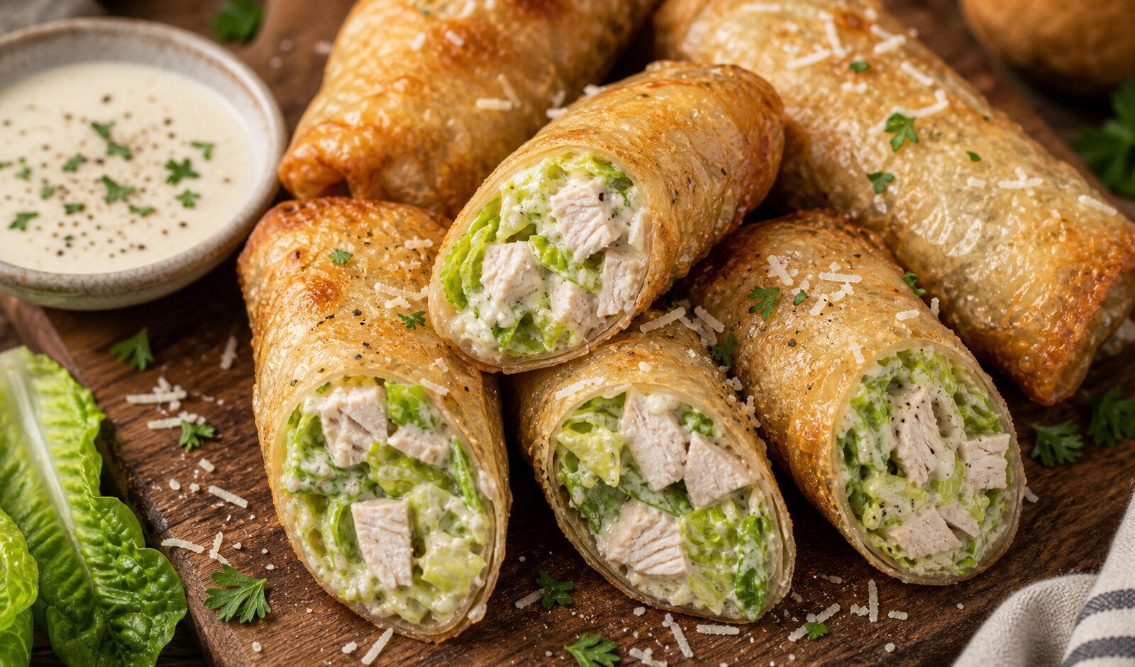 Crispy rice paper turkey Caesar roll ups arranged on a plate with dipping sauce, showing golden brown exterior and creamy filling