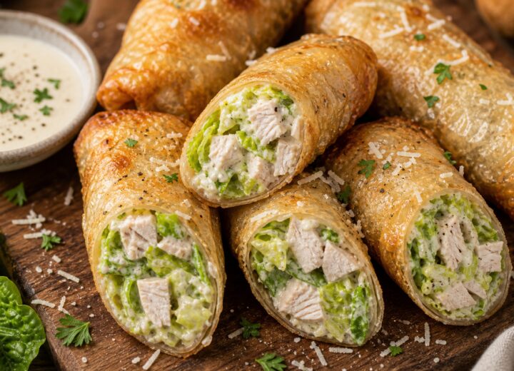 Crispy rice paper turkey Caesar roll ups arranged on a plate with dipping sauce, showing golden brown exterior and creamy filling