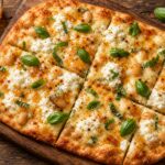 Hot honey ricotta white bean flatbread pizza on a wooden board, sliced into wedges, drizzled with hot honey, garnished with fresh basil