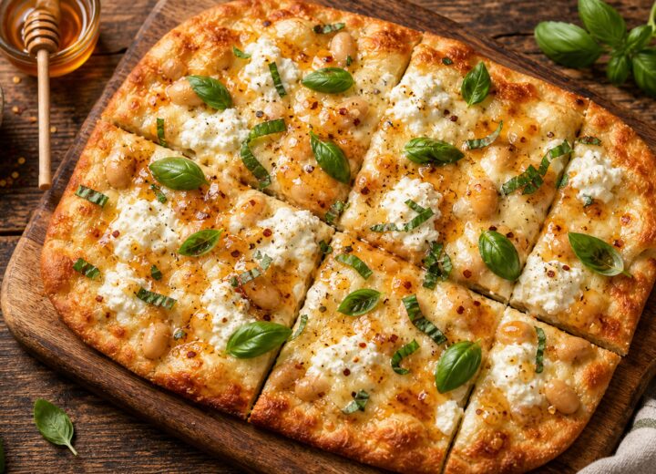 Hot honey ricotta white bean flatbread pizza on a wooden board, sliced into wedges, drizzled with hot honey, garnished with fresh basil