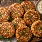 Air fryer sesame dill salmon cabbage cakes arranged on a plate with dipping sauce, golden brown and crispy
