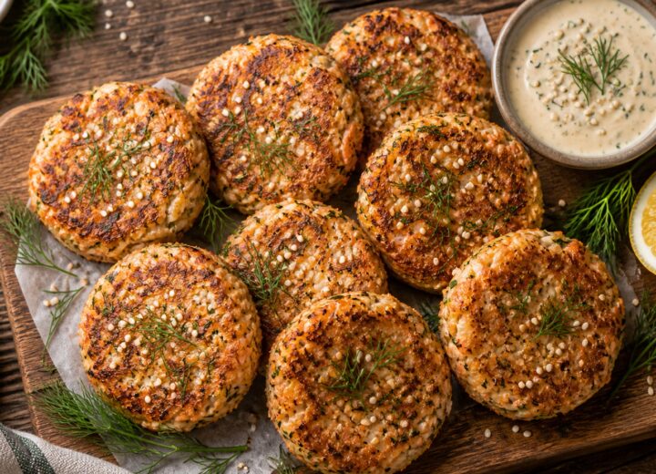 Air fryer sesame dill salmon cabbage cakes arranged on a plate with dipping sauce, golden brown and crispy