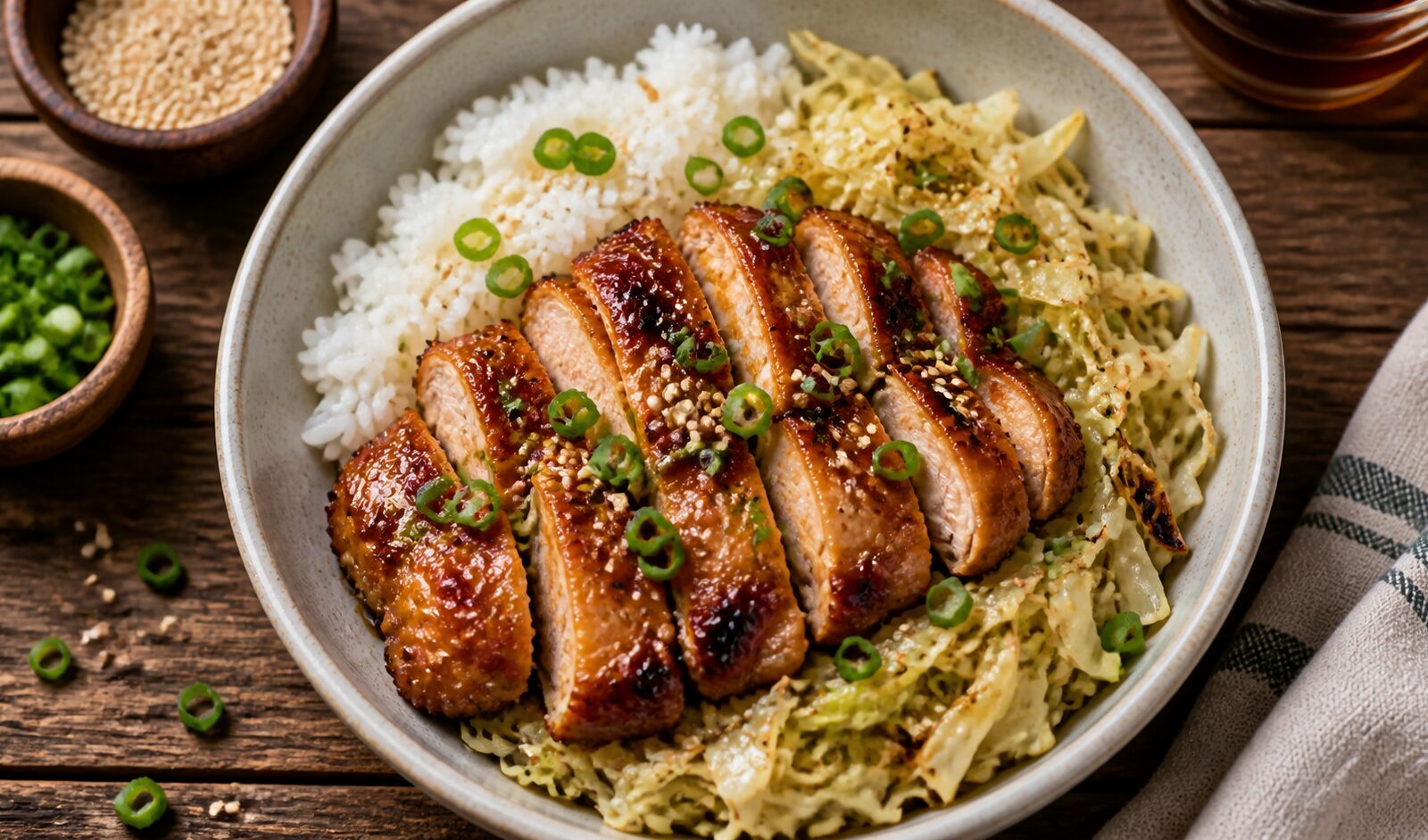 Air Fryer Chicken Adobo Cabbage Rice Bowls with glaze, green onions, and sesame seeds in a bowl on a wooden table