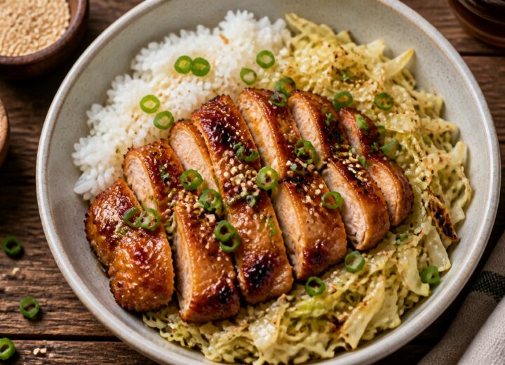 Air Fryer Chicken Adobo Cabbage Rice Bowls with glaze, green onions, and sesame seeds in a bowl on a wooden table