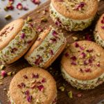 pistachio rose frozen yogurt sandwiches on a plate with pistachios and rose petals