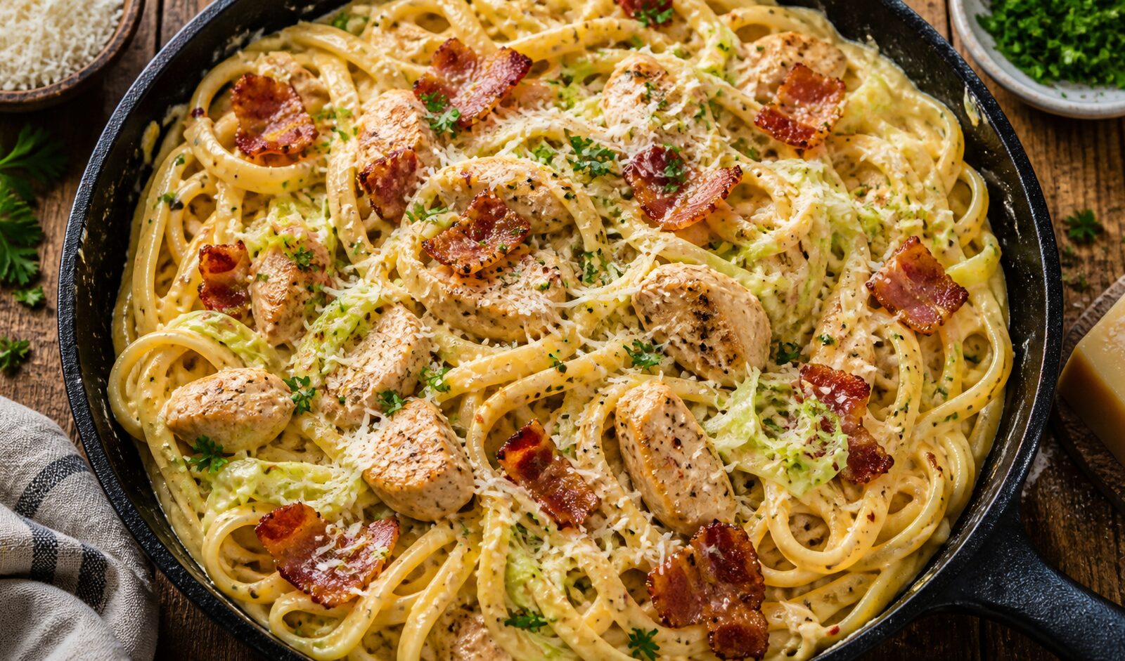 A skillet of creamy cabbage carbonara chicken pasta with bacon and Parmesan, garnished with parsley
