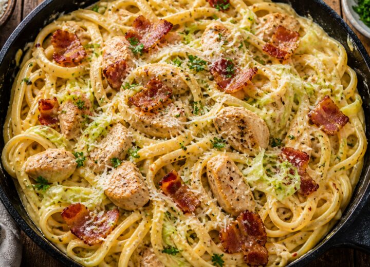 A skillet of creamy cabbage carbonara chicken pasta with bacon and Parmesan, garnished with parsley