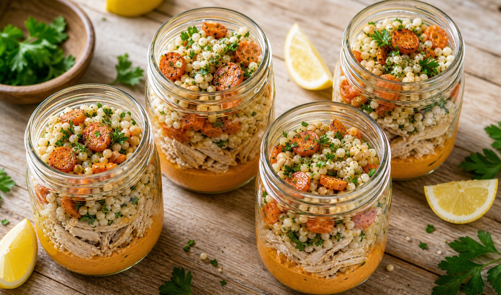 Mason jar layered with roasted carrots, hummus, chicken, and pearl couscous on a wooden table with fresh parsley garnish