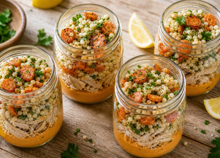 Mason jar layered with roasted carrots, hummus, chicken, and pearl couscous on a wooden table with fresh parsley garnish