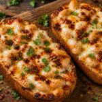 Crispy chili oil butter bean pizza toasts on a baking sheet, topped with melted mozzarella and fresh parsley