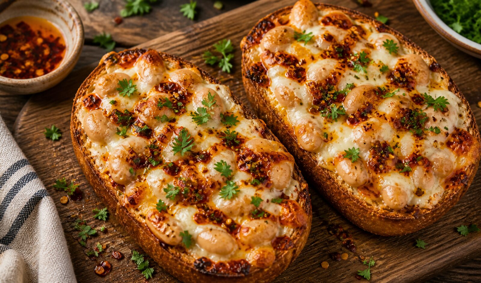 Crispy chili oil butter bean pizza toasts on a baking sheet, topped with melted mozzarella and fresh parsley