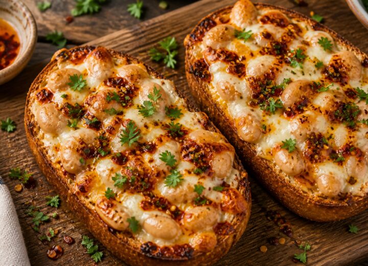 Crispy chili oil butter bean pizza toasts on a baking sheet, topped with melted mozzarella and fresh parsley