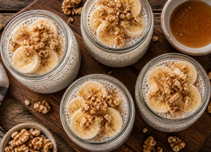 Four jars of brown butter banana bread protein chia cups topped with sliced bananas and walnuts on a wooden table