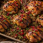 Pomegranate molasses chicken lentil trays on a sheet pan with roasted onions and lentil mixture, garnished with pomegranate arils and parsley