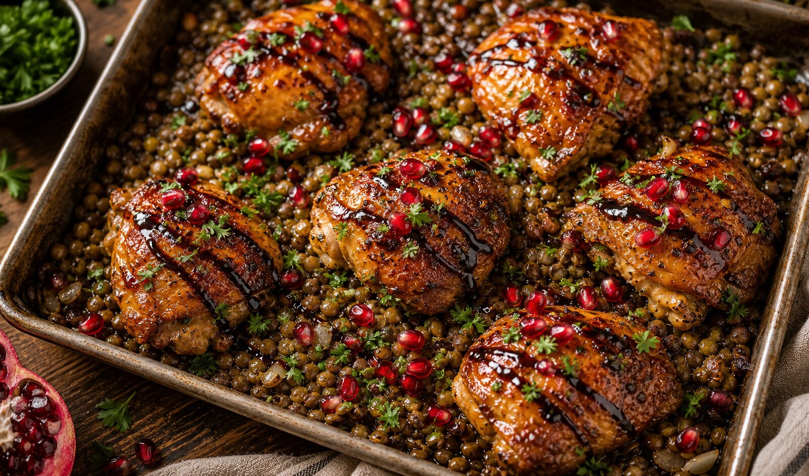 Pomegranate molasses chicken lentil trays on a sheet pan with roasted onions and lentil mixture, garnished with pomegranate arils and parsley