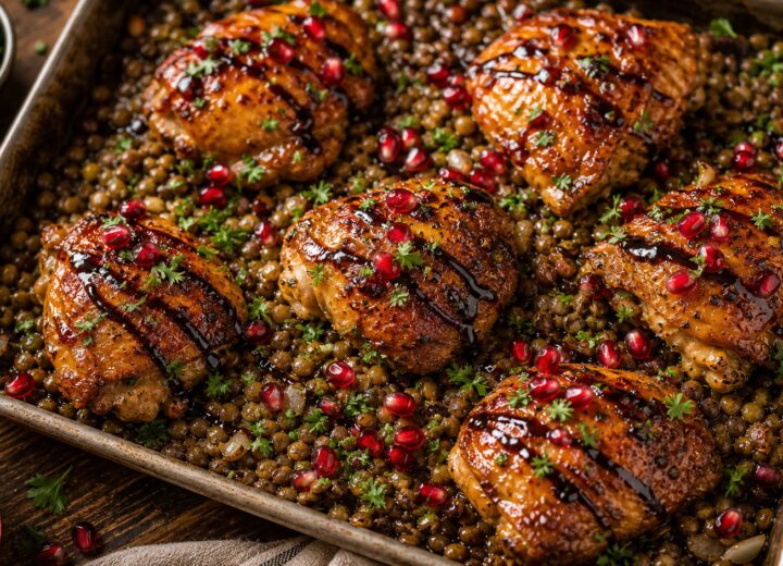 Pomegranate molasses chicken lentil trays on a sheet pan with roasted onions and lentil mixture, garnished with pomegranate arils and parsley