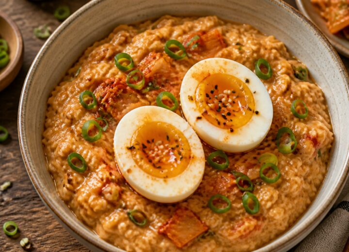 Savory oatmeal bowl with kimchi and jammy eggs, garnished with green onions and sesame seeds