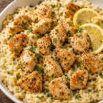 Lemon pepper chicken ricotta rice bowl in a white bowl with fresh parsley and lemon slices on the side