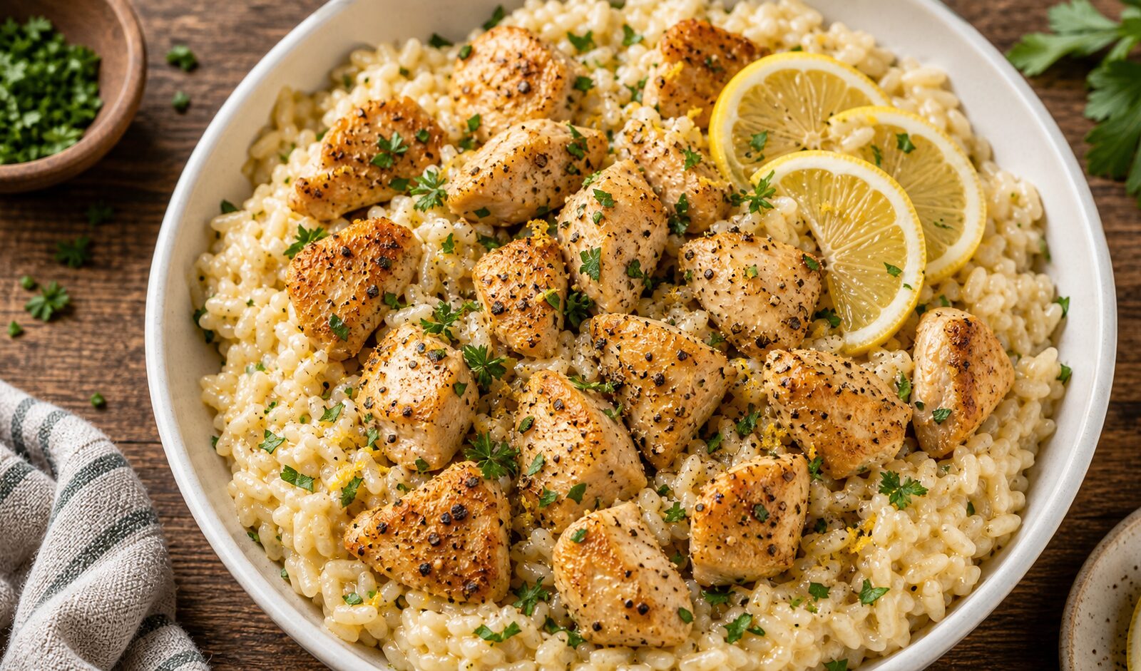 Lemon pepper chicken ricotta rice bowl in a white bowl with fresh parsley and lemon slices on the side