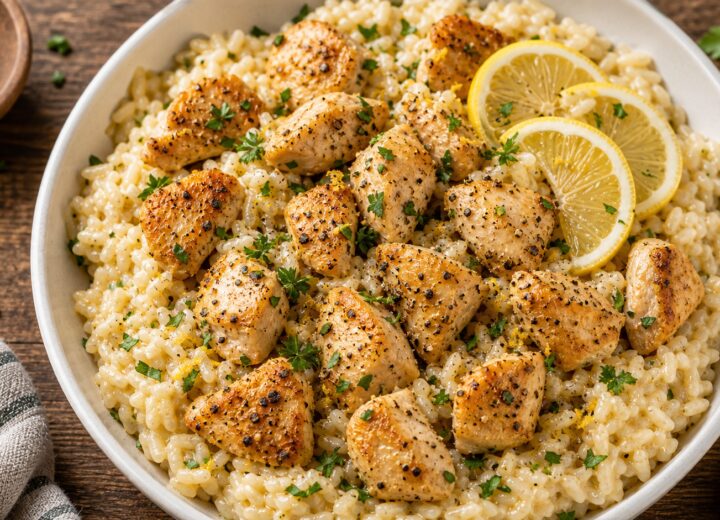 Lemon pepper chicken ricotta rice bowl in a white bowl with fresh parsley and lemon slices on the side