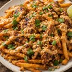 Crispy air fryer peanut lime chicken satay fries on a plate with lime wedges and chopped peanuts