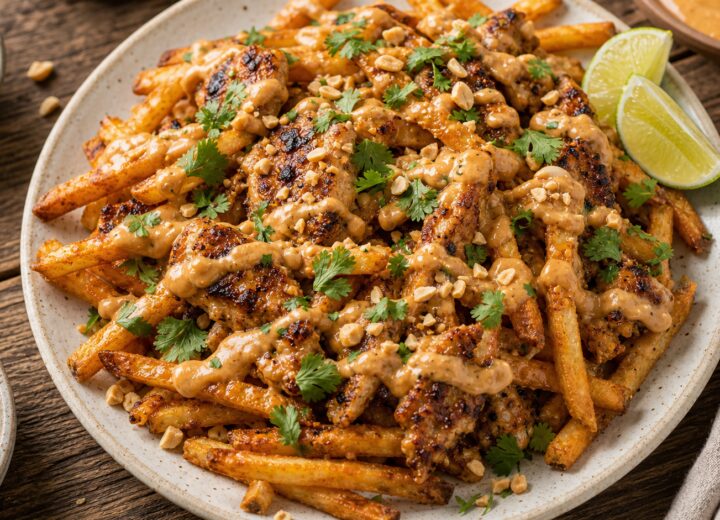 Crispy air fryer peanut lime chicken satay fries on a plate with lime wedges and chopped peanuts
