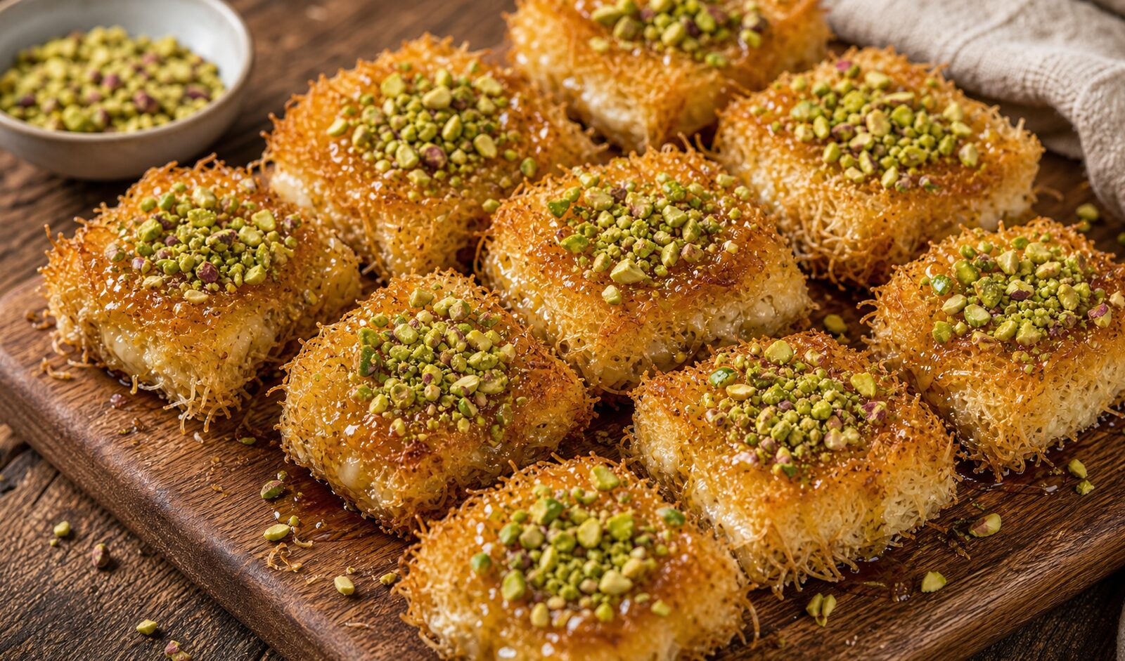 Golden pistachio kunafa cottage cheese toast bites on a white plate, drizzled with syrup and topped with chopped pistachios