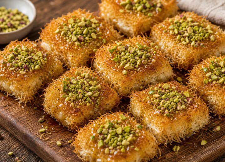 Golden pistachio kunafa cottage cheese toast bites on a white plate, drizzled with syrup and topped with chopped pistachios
