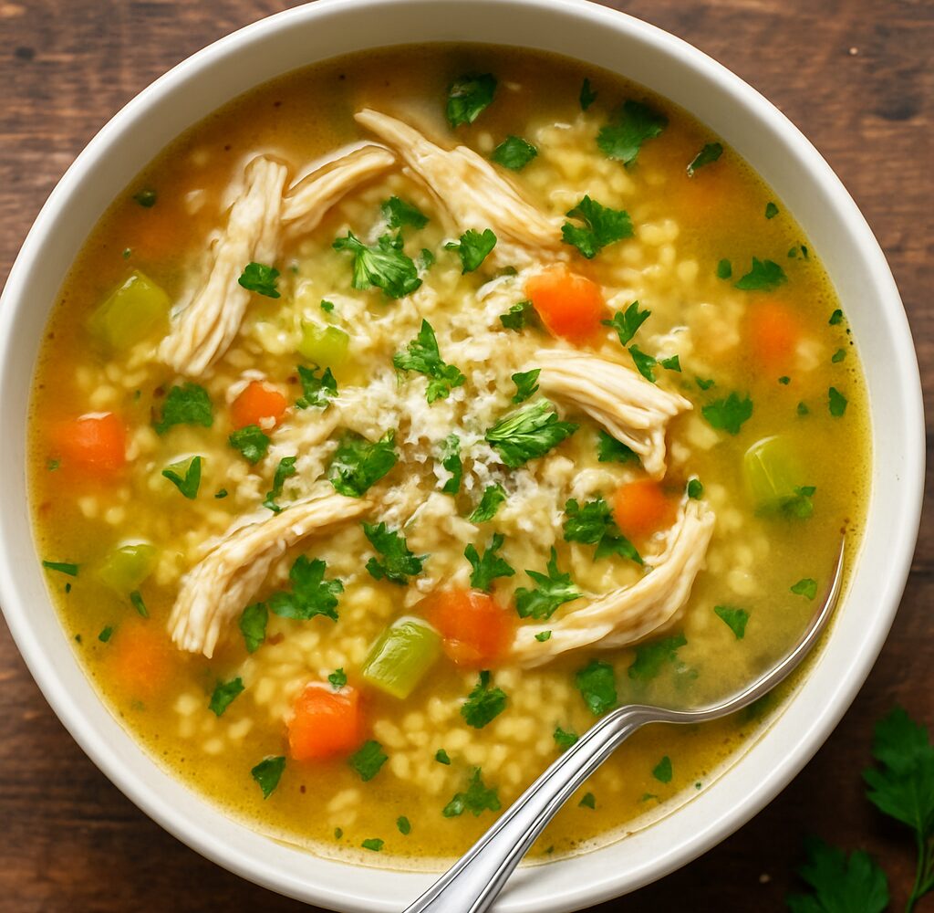 A bowl of Italian Penicillin Pastina Soup with Chicken, garnished with parsley and Parmesan, beside a spoon on a wooden table.
