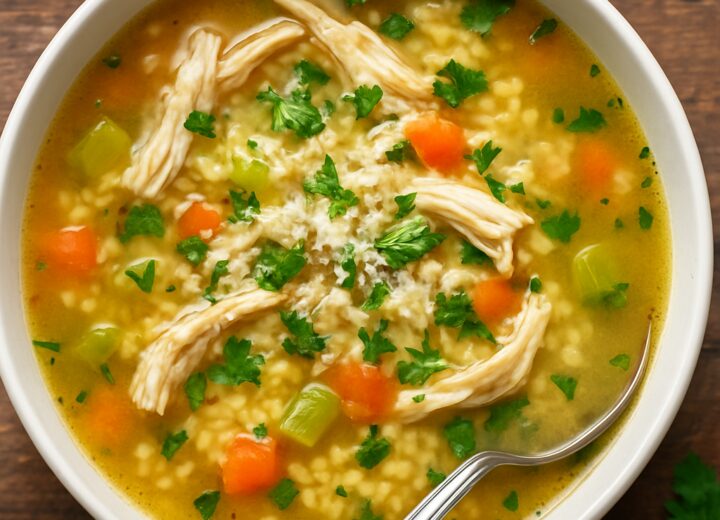 A bowl of Italian Penicillin Pastina Soup with Chicken, garnished with parsley and Parmesan, beside a spoon on a wooden table.