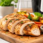Juicy air fryer chicken breast sliced on a cutting board with simple seasoning