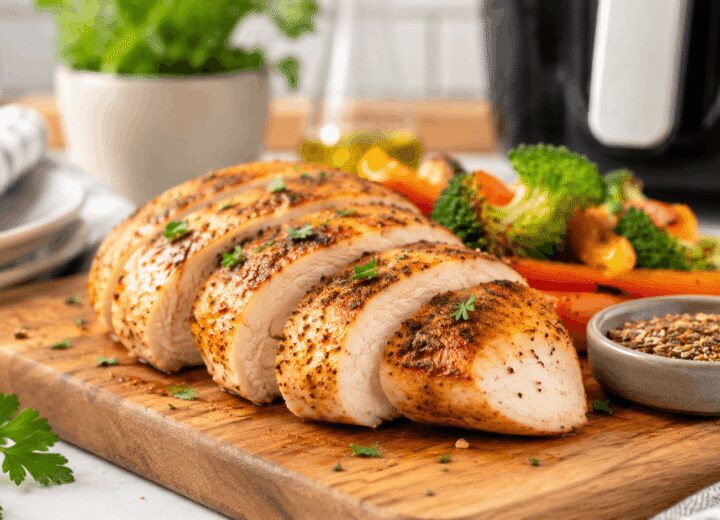 Juicy air fryer chicken breast sliced on a cutting board with simple seasoning