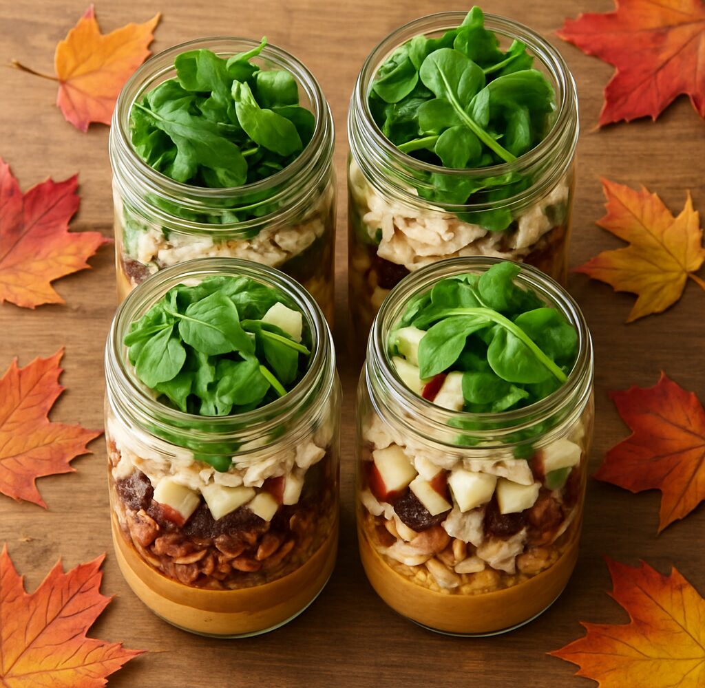 Four mason jar salads with shredded chicken, diced apples, pecans, cranberries, and greens layered for meal prep on a wooden table.
